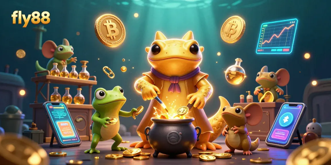 Experience fly88's thrilling world with a golden salamander alchemist transmuting metals into gold, surrounded by crypto elements.