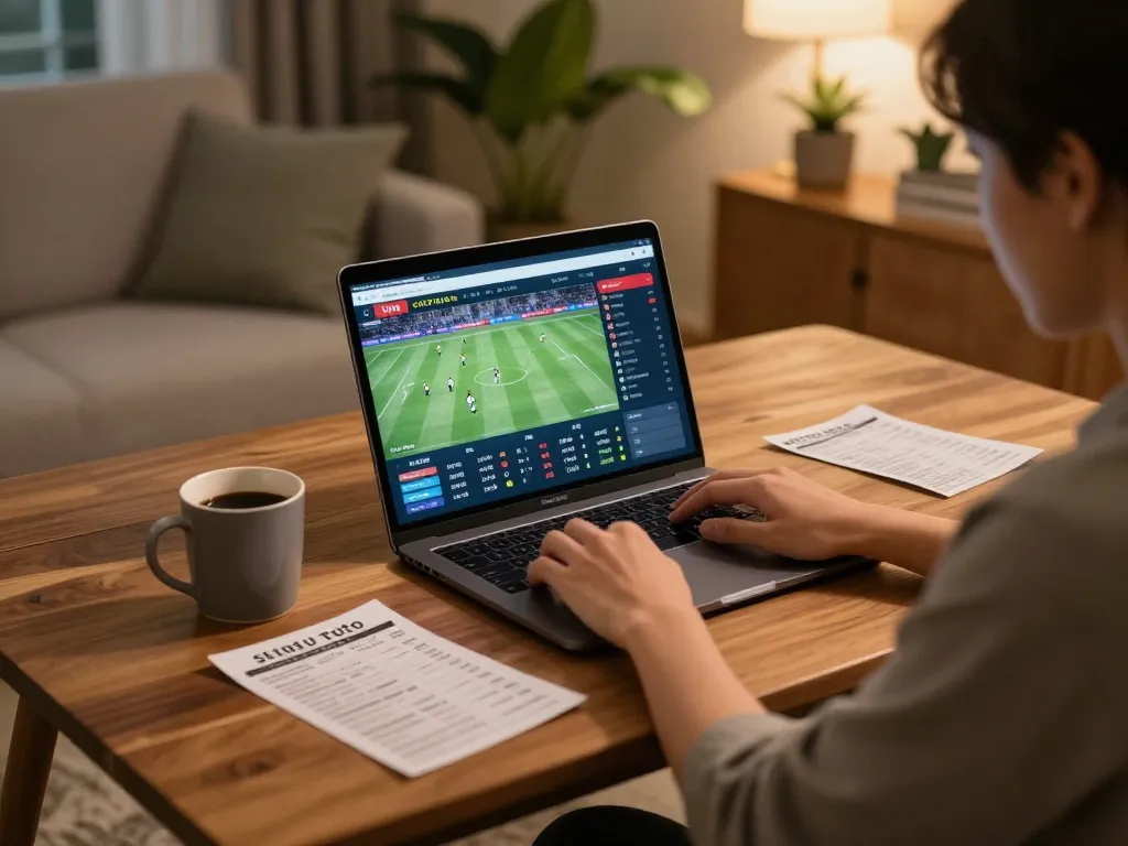 Engaging in situs toto betting at home using laptop for strategic gameplay decisions.