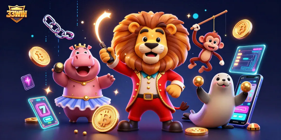 Engage in exciting gaming at 33WIN, featuring a lively circus scene with vibrant characters and slot machines.