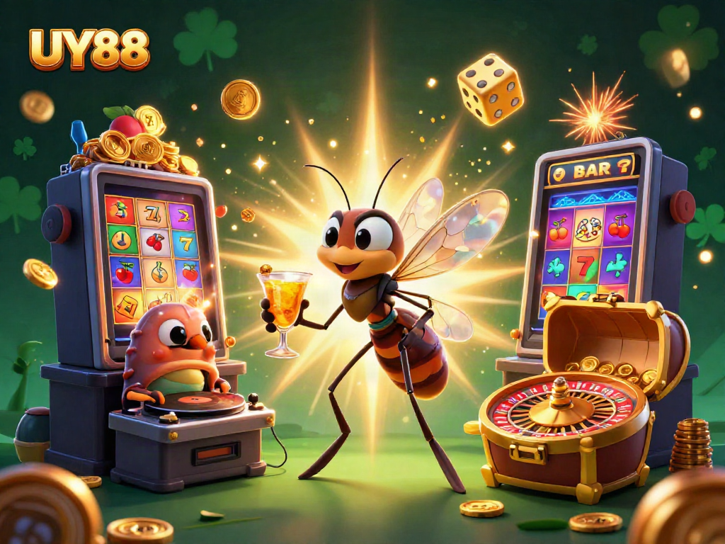 Experience the excitement of UY88 with a vibrant casino-themed scene featuring intricate characters and game elements.