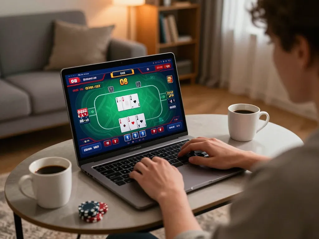Player engaged in O8 online poker game, showcasing home gaming setup with vibrant atmosphere.