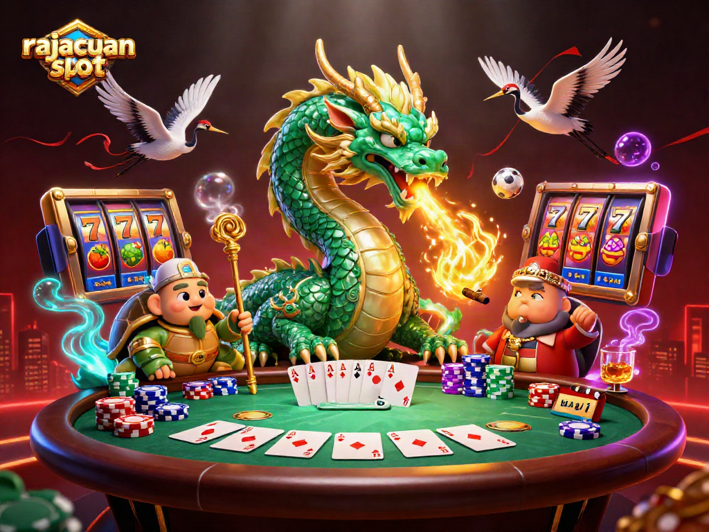Experience the rajacuan slot with an exciting illustration featuring a jade dragon, turtle sage, and winning symbols.