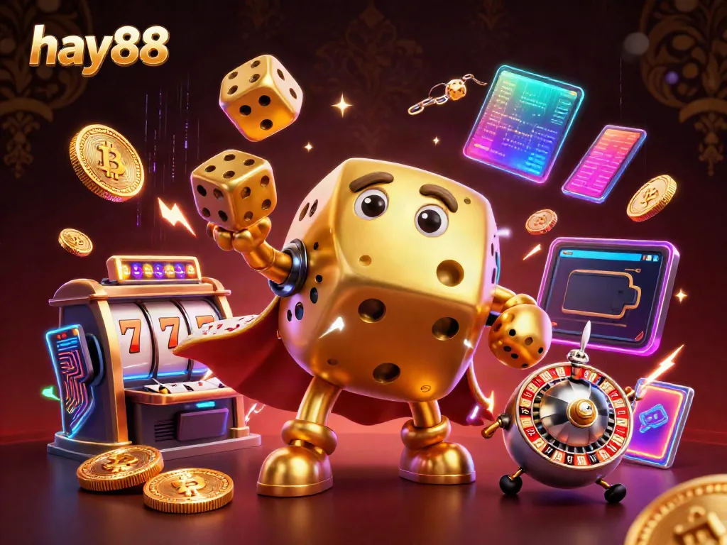 Experience the excitement of hay88 with a golden dice golem and casino elements in a vibrant 3D scene.