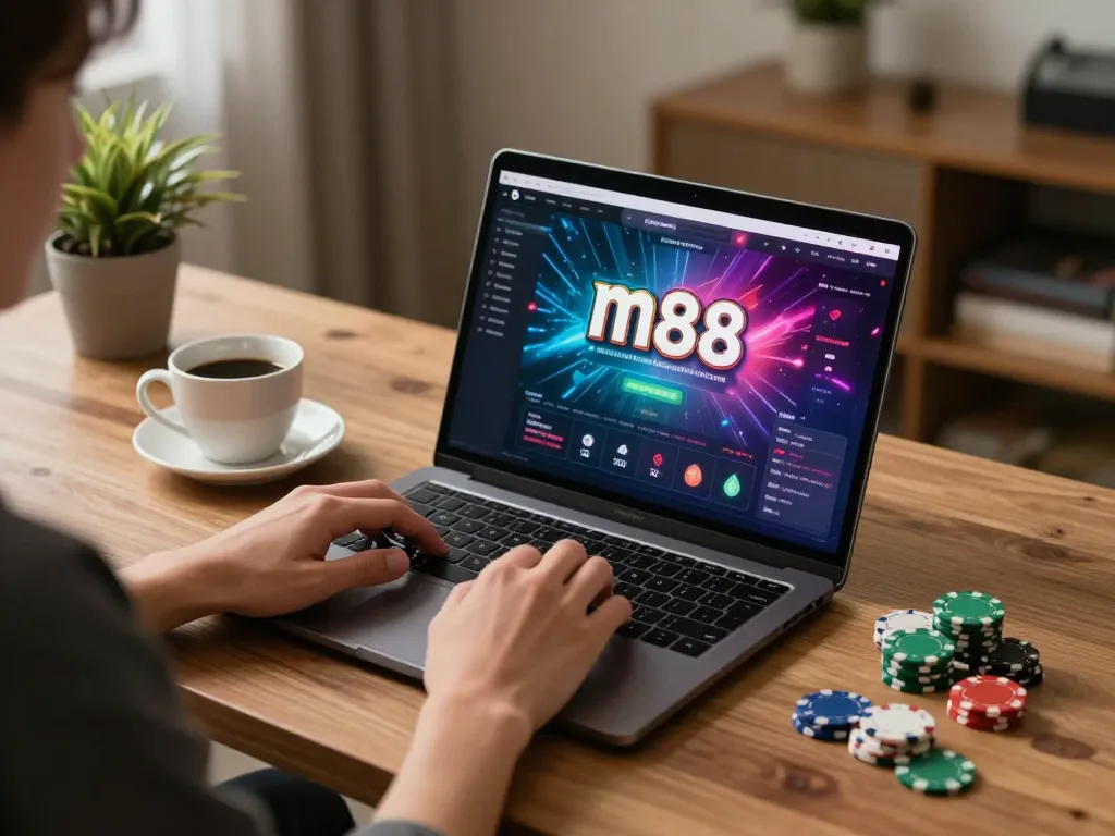 ผู้ใช้ที่มีส่วนร่วมกำลังเล่น เว็บพนันออนไลน์ m88 บนแล็ปท็อป แสดงให้เห็นการตั้งค่าการเล่นเกมที่สะดวกสบายที่บ้าน