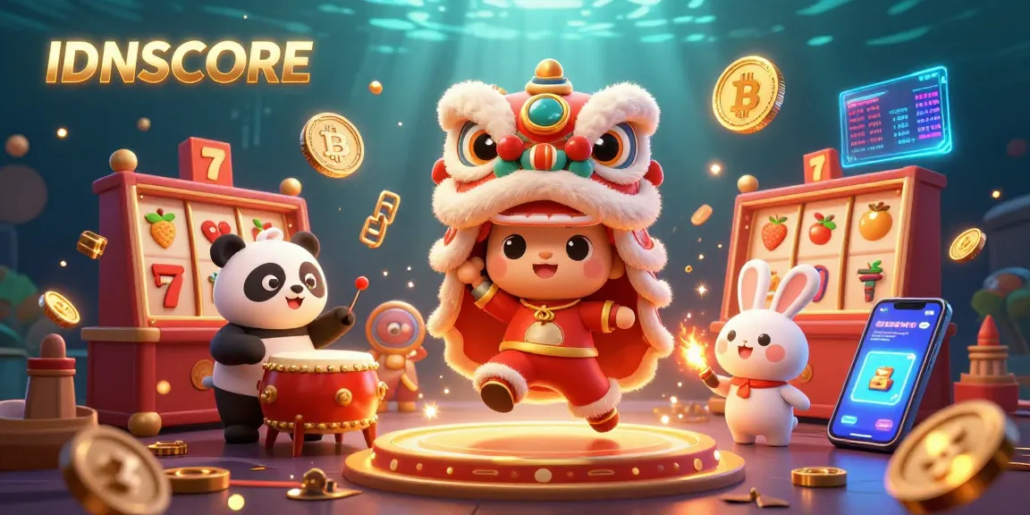 Experience the exciting world of IDNSCORE with vibrant lion dance, slot reels, and cryptocurrency elements.