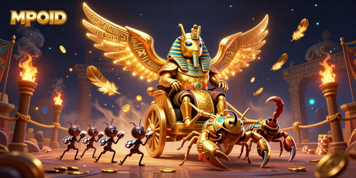 MPOID showcases a vibrant online gaming experience with a thrilling golden scarab and scorpion chariots.