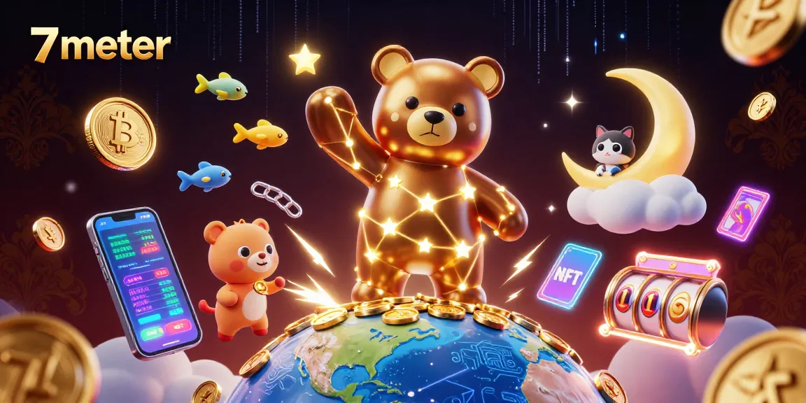Experience vibrant gaming excitement with 7meter's engaging casino scene featuring shining characters and slot elements.