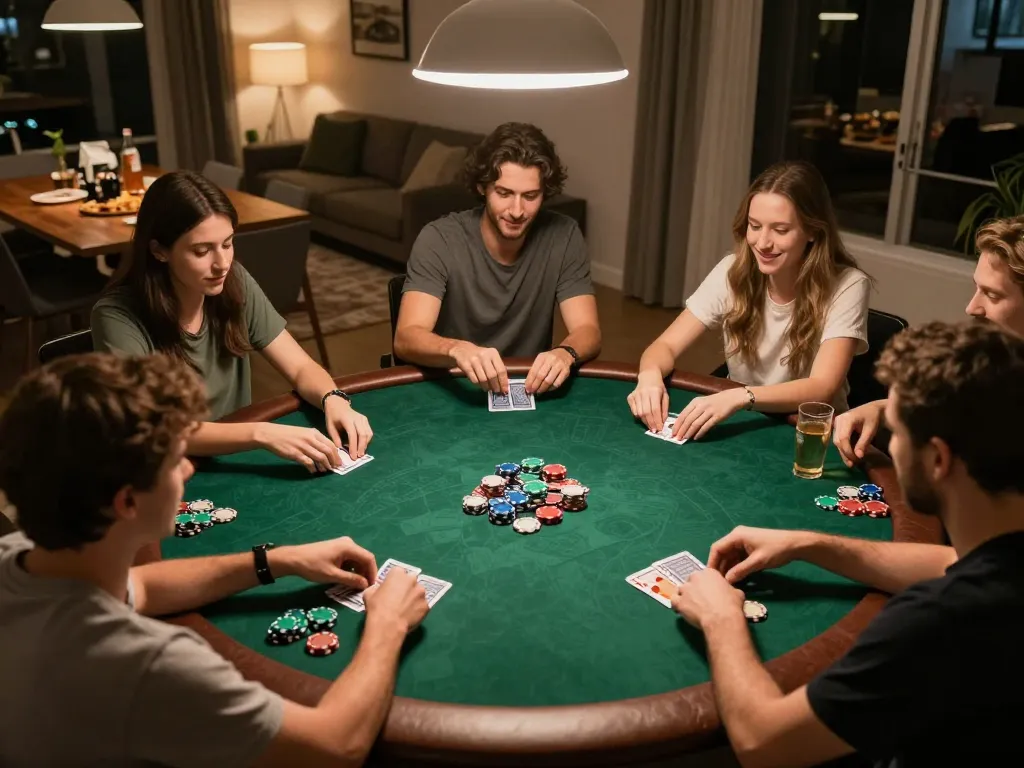 Exciting home poker night scene with friends enjoying Đánh Bài Take2, chips and cards visible on the table.