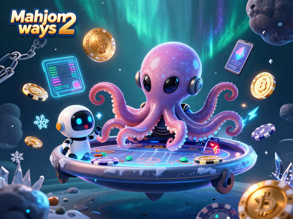 Engage in mahjong ways 2 gameplay with an alien octopus at a holographic poker table.