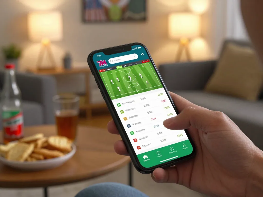 Engaging in sports betting with the 7M app on smartphone, showcasing strategic options and lively environment.