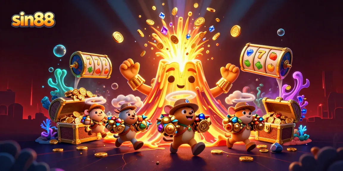 sin88 showcases a lively casino scene with a triumphant volcano and treasure-exploring animals