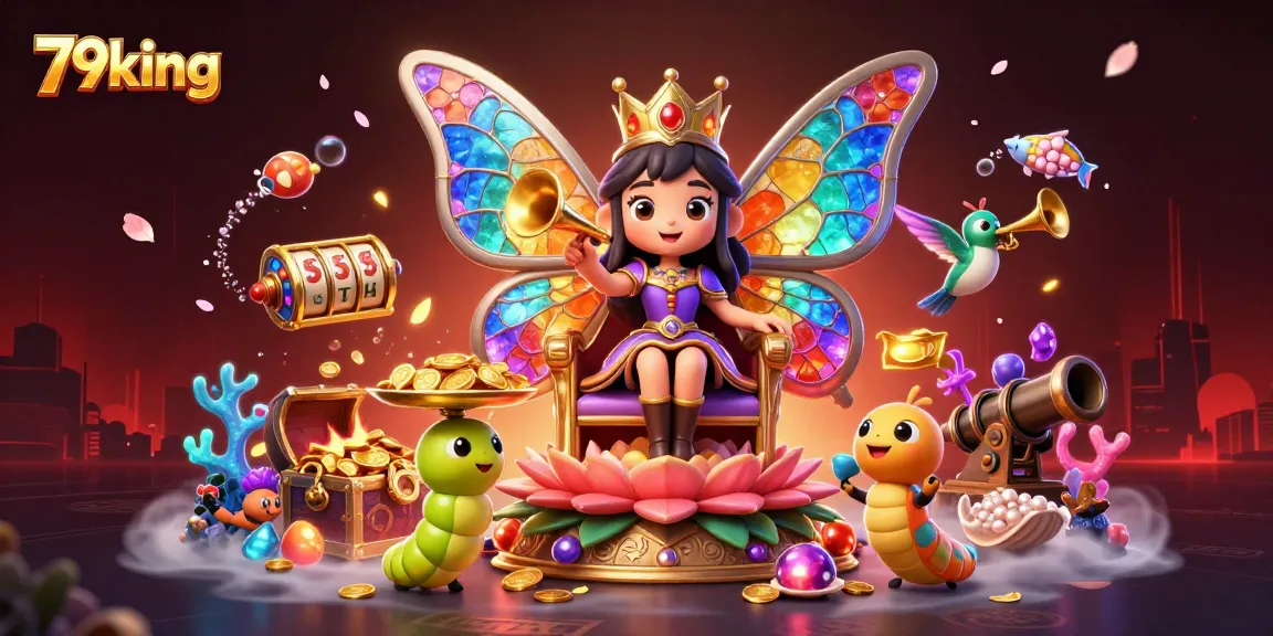 Play slots at 79king with vibrant 3D characters and casino elements scattered around.