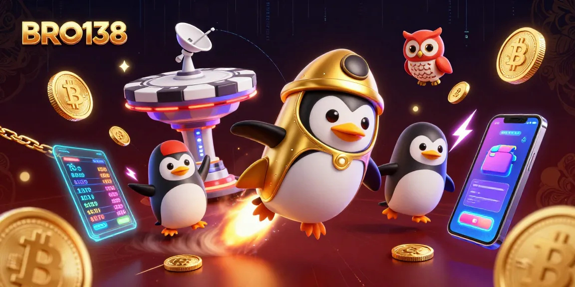 Experience thrilling gaming action at BRO138 with vivid illustrations of giant penguins and casino elements.
