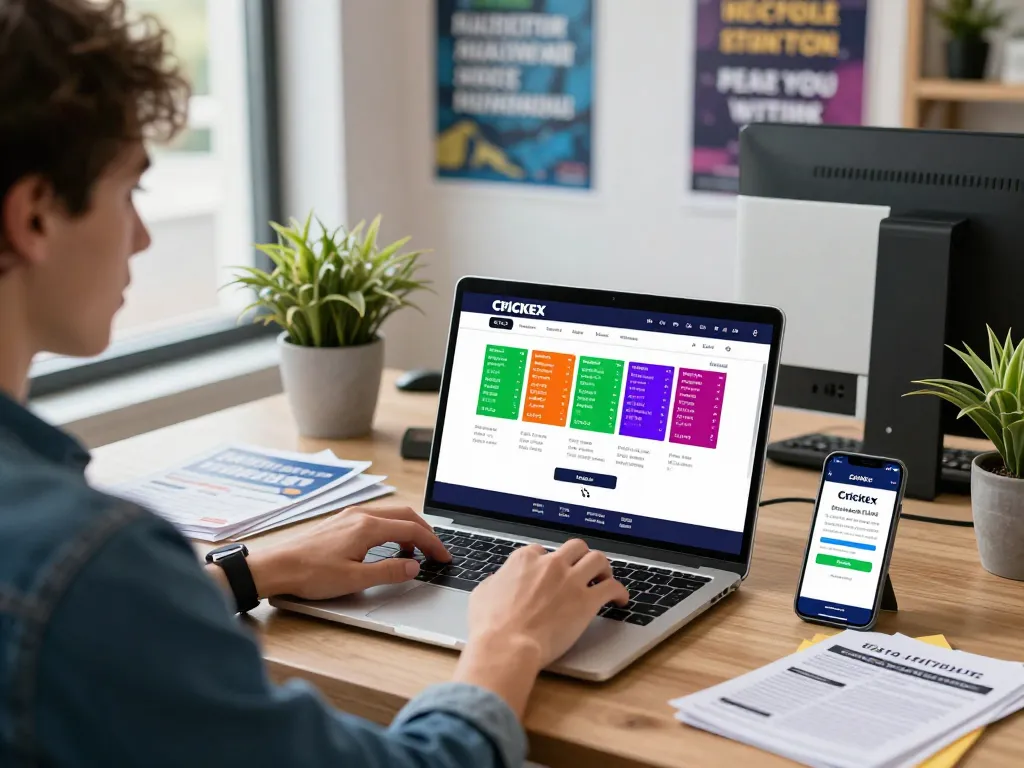 Engaging with Crickex login india at a modern workspace with laptops and apps for betting.