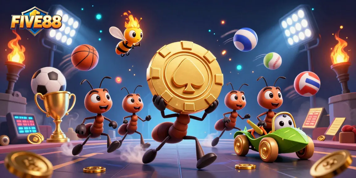 Engage with FIVE88's thrilling adventure featuring a team of ants stealthily heisting a giant poker chip.