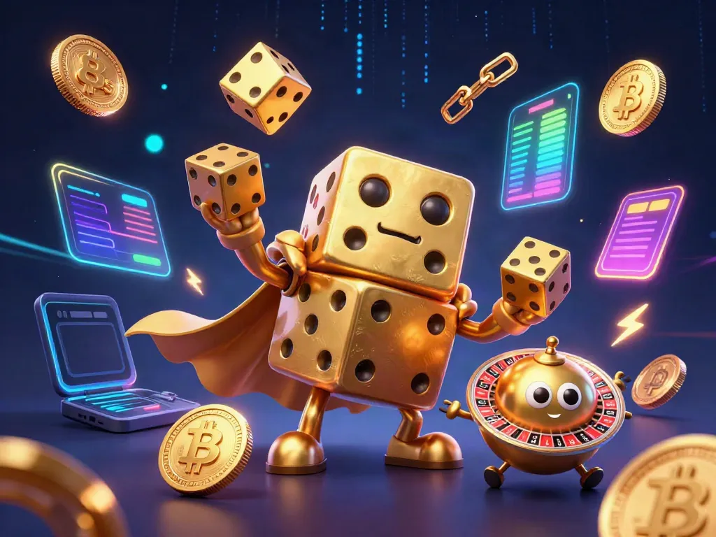 Engage with thrilling 8s casino experiences as a golden dice golem juggles winnings and crypto coins.