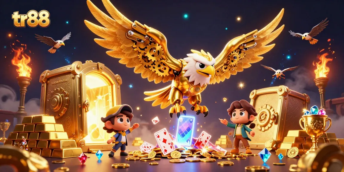 Immerse in thrilling gameplay at tr88, featuring an epic golden eagle soaring through casino treasures and winning cards.
