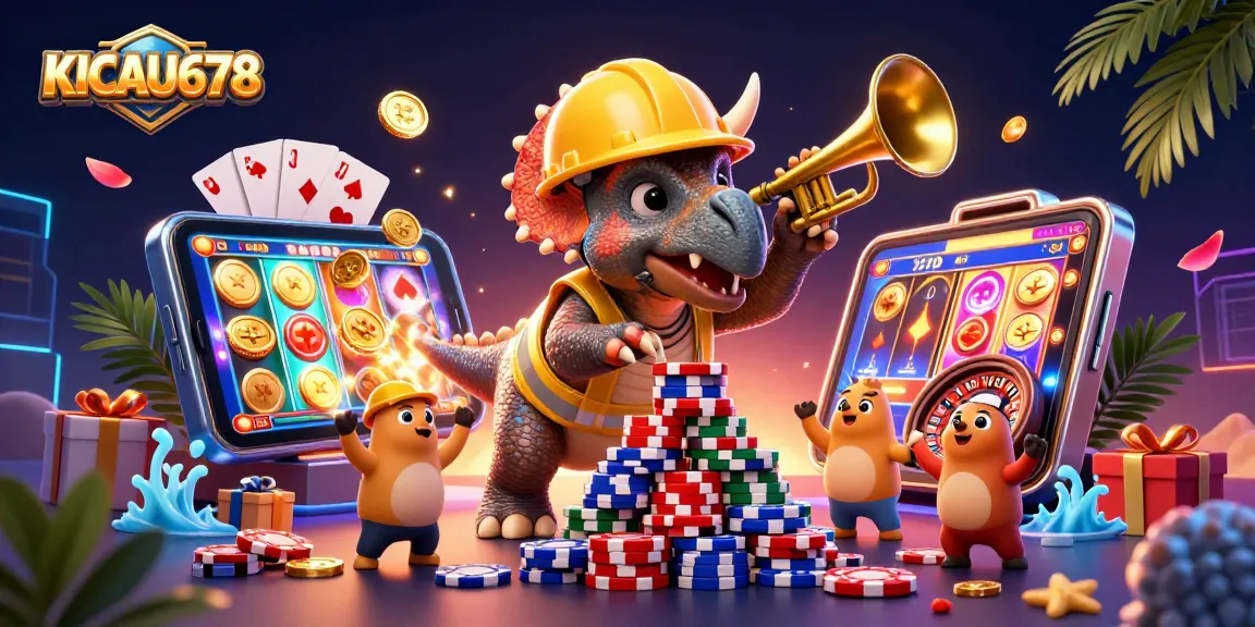 KICAU678 celebrates with a triceratops building poker chips and gaming elements in a vibrant casino scene.
