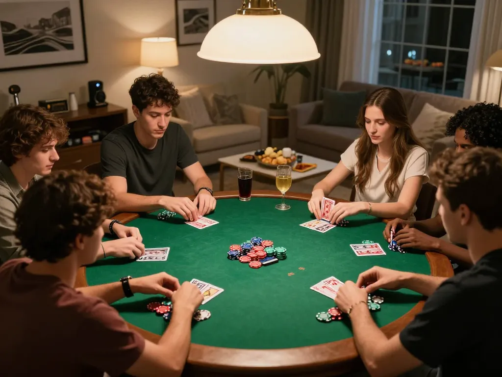 Engage in exciting online poker gameplay with friends at home, featuring cards and chips.