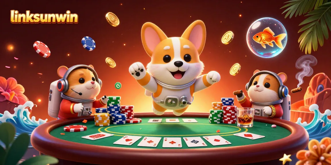 Engage with exciting poker action at linksunwin, featuring a playful corgi in a cosmic casino.