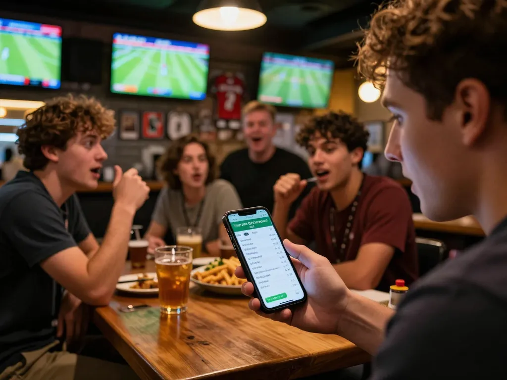 Engaging scene of kèo bóng đá ngày mai with friends discussing live betting strategies in a lively sports bar.