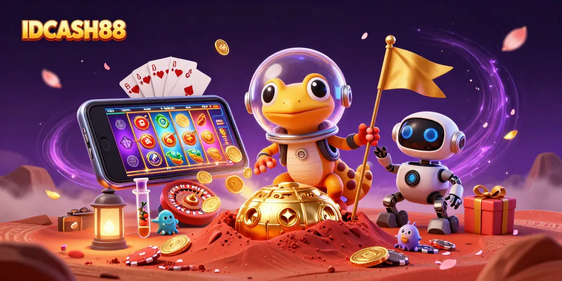 Play and win with IDCASH88's exciting 3D casino illustration featuring vibrant slot games.