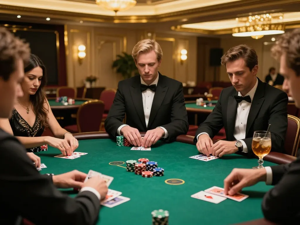 Players at a high-stakes poker table displaying intense concentration at hay88x casino.