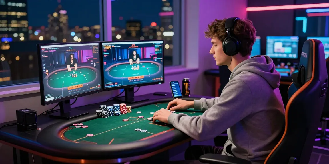 Situs Poker Uang Asli Dewapoker player engaged at dual monitors in a competitive gaming atmosphere.