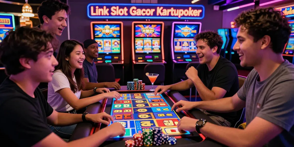 Exciting players engaged with colorful Link Slot Gacor Kartupoker digital slot machine in vibrant online casino setting.