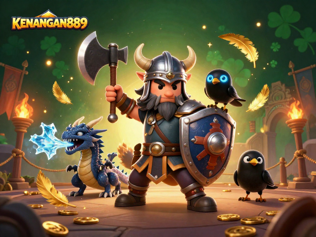 KENANGAN889 showcases a Viking wolf warrior, fierce dragon, and glowing raven in an energetic casino-themed scene.