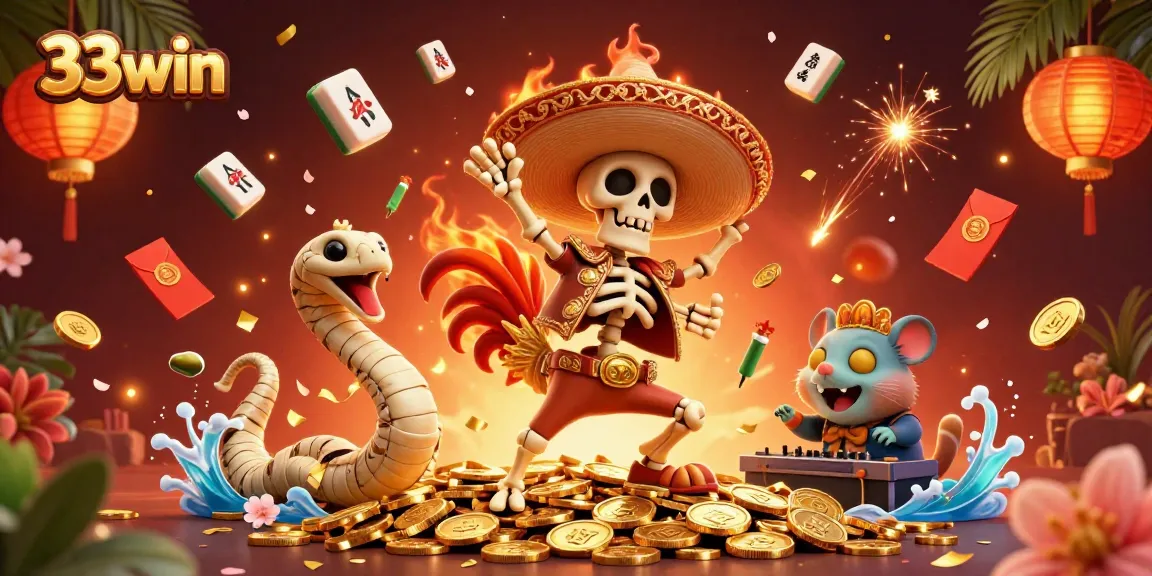33win enthusiasts celebrate a jackpot with dynamic 3D elements and colorful characters.