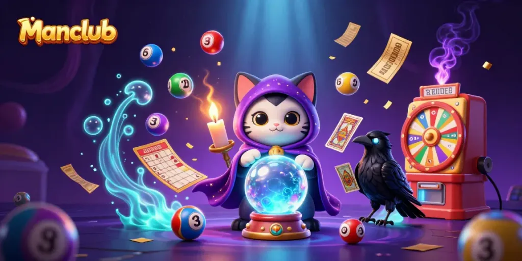 Join the excitement at manclub with a vibrant casino-themed mystical scene featuring a fortune teller cat, a raven, and dynamic game elements.
