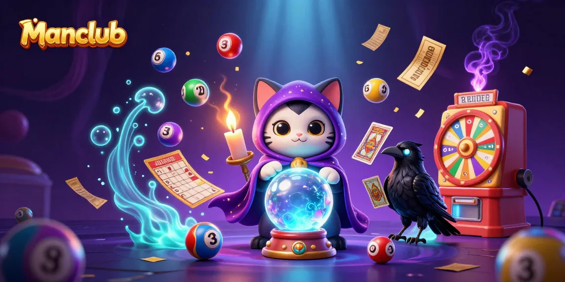 Join the excitement at manclub with a vibrant casino-themed mystical scene featuring a fortune teller cat, a raven, and dynamic game elements.