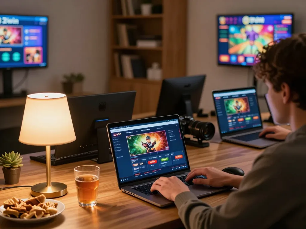 Player enjoying online casino games at home through 23win, showcasing a cozy and strategic gaming environment.