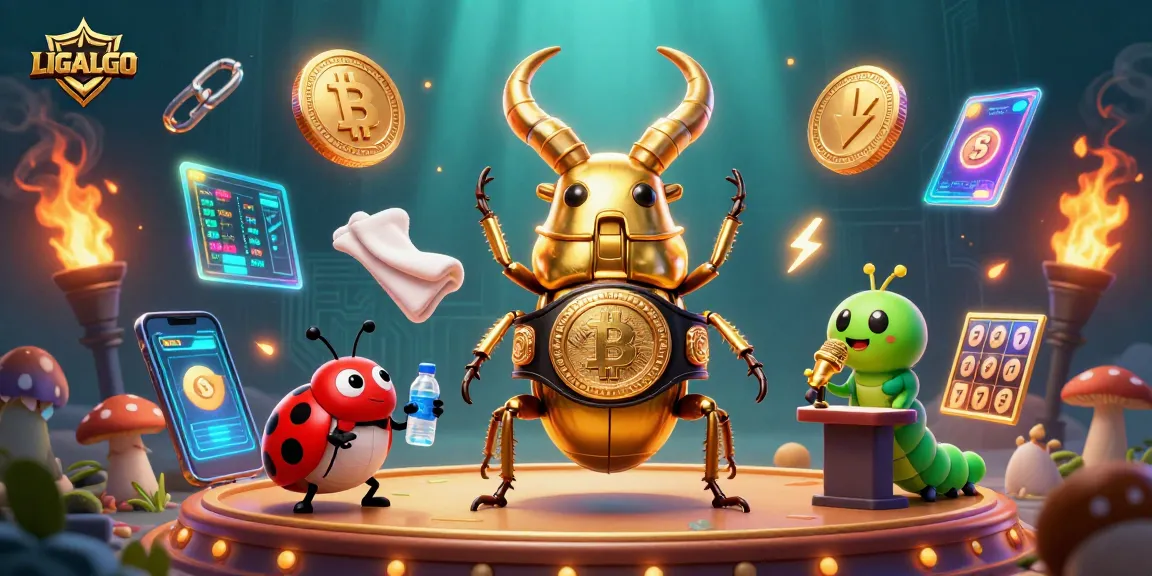 Experience thrilling action with LIGALGO as the golden stag beetle battles on stage amidst glowing crypto coins.
