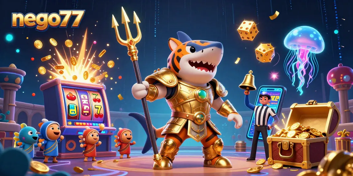 Experience high-stakes with nego77 as a shark warrior battles for jackpots in a vibrant underwater casino.