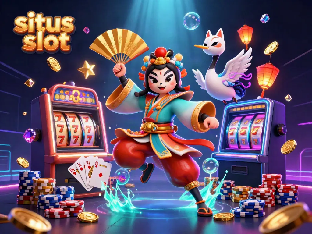 Experience situs slot excitement with a kabuki warrior and kitsune in a vibrant casino scene.