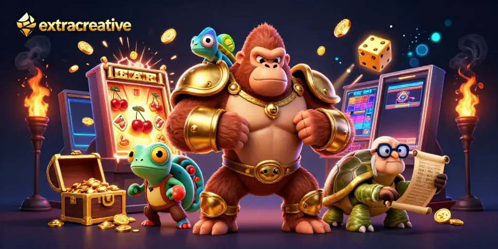 Spin the reels with the extracreative kingdom featuring a gorilla king and a treasure-filled slot machine.