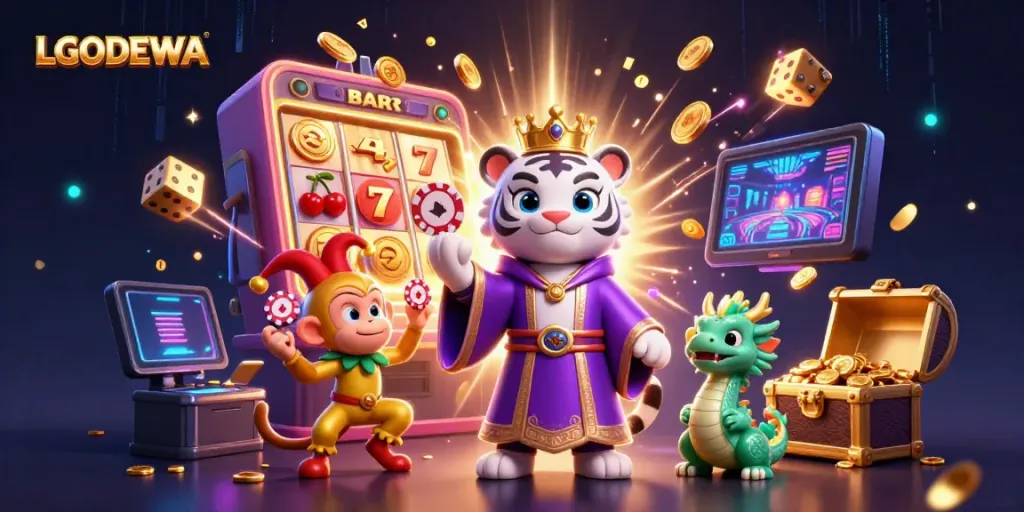 Engage with LGODEWA's exciting casino experience showcased by a vibrant 3D illustration.