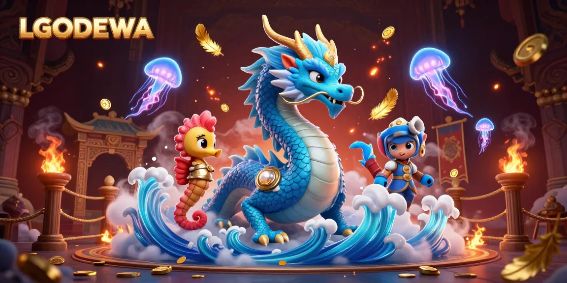 Experience exciting gambling adventures with LGODEWA amidst a vibrant 3D scene featuring a dragon, knight, and jellyfish.