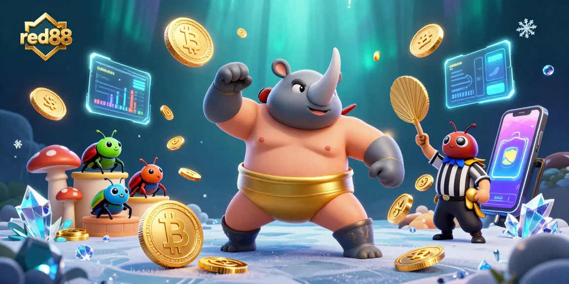 Engage in thrilling gaming at red88, featuring an energetic sumo champion amidst dazzling coins and crypto elements.