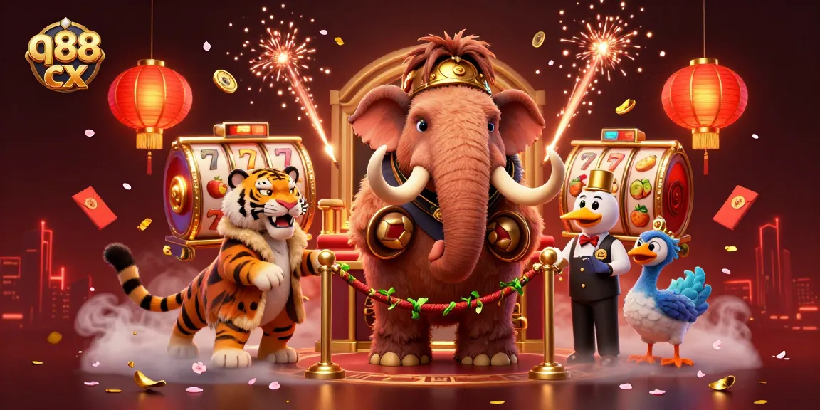 Engage with the excitement of q88 cx as you witness a vibrant casino scene featuring a mammoth bouncer, saber-tooth VIP, and dodo doorman.