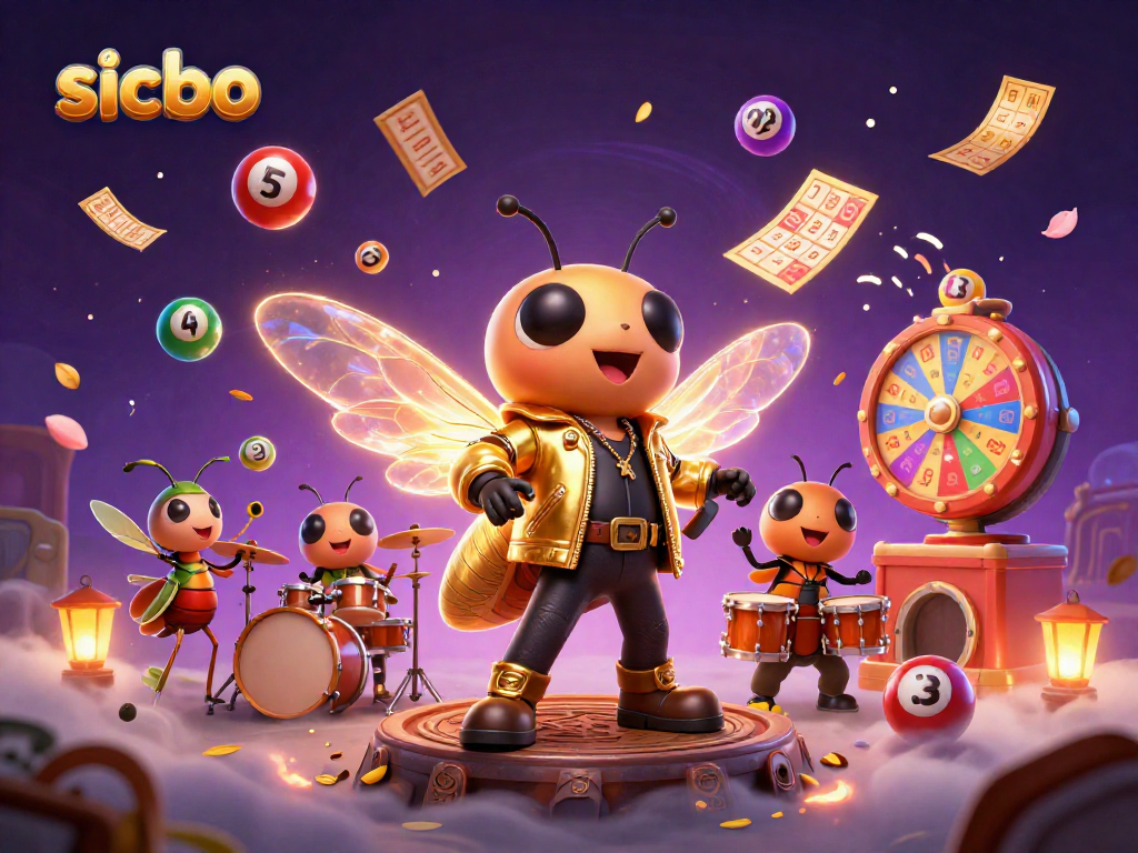 Engage in sicbo with a dynamic illustration of a rock star cicada and festive lottery elements.