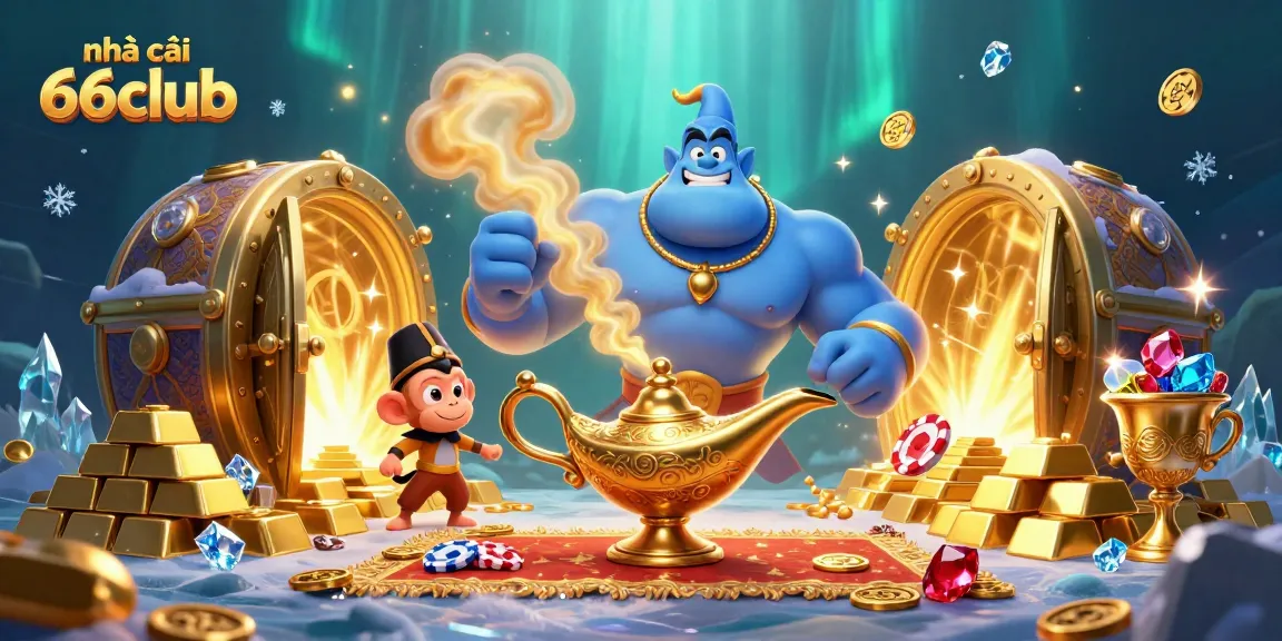 Join the gaming excitement with nhà cái 66club, featuring a vibrant scene of games, treasures, and animated characters.