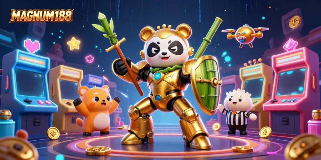 Experience the vibrant energy of MAGNUM188 with dynamic 3D characters and gaming elements in a casino-themed arena.