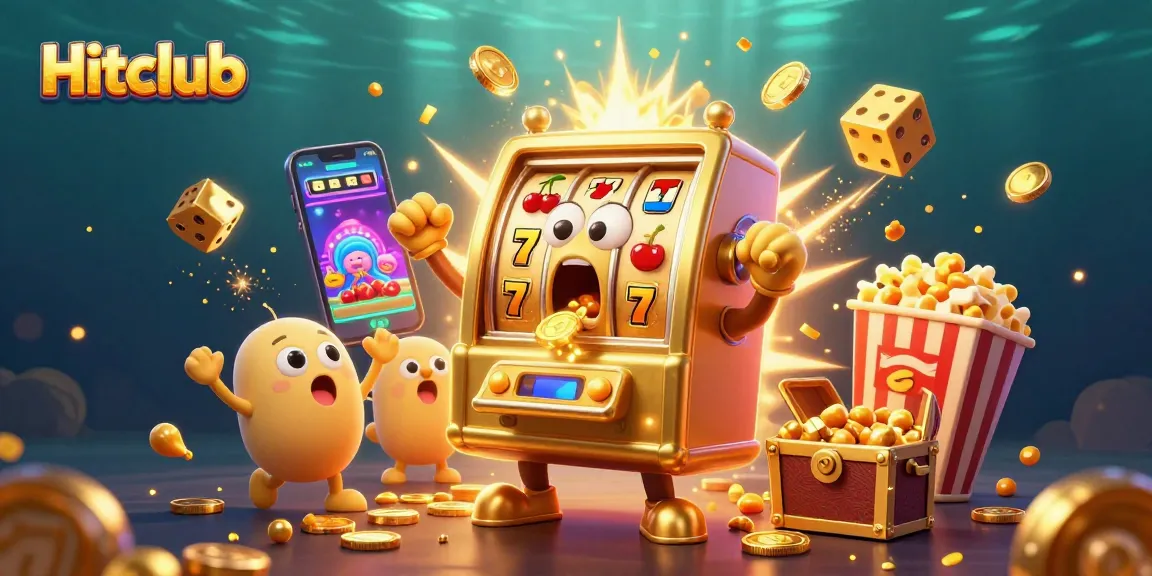 Hitclub's exciting jackpot scene with a golden slot machine and dynamic cheerful elements.