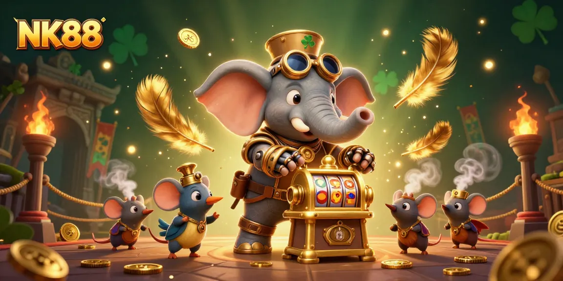 Experience thrilling gameplay at NK88 as a mechanical elephant operates a golden slot machine