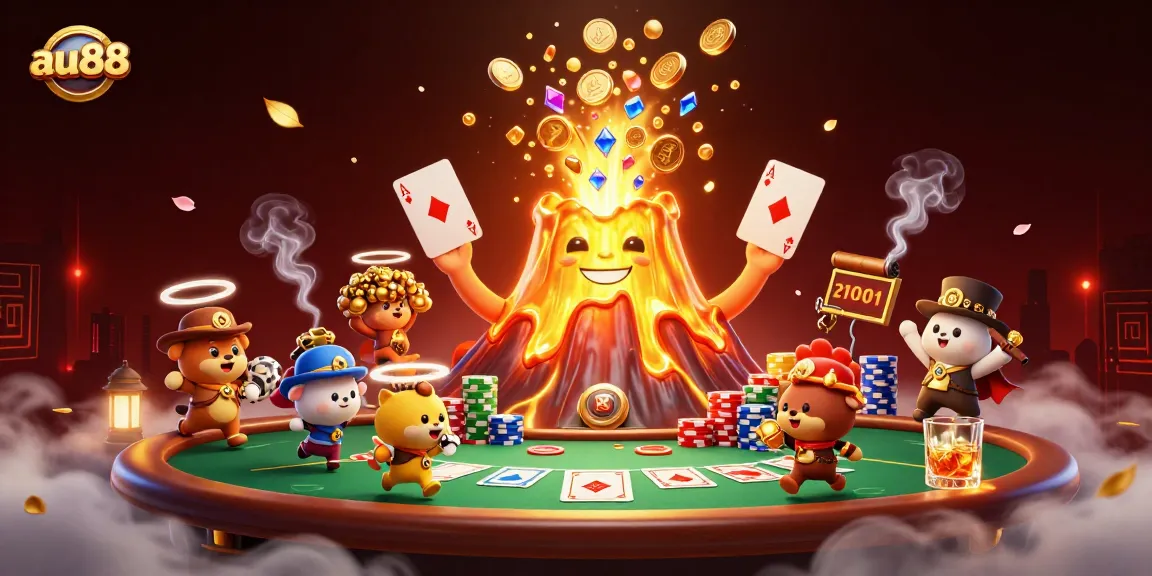 Experience the thrilling eruption of coins and treasures in a vibrant au88 casino scene with dynamic poker elements.