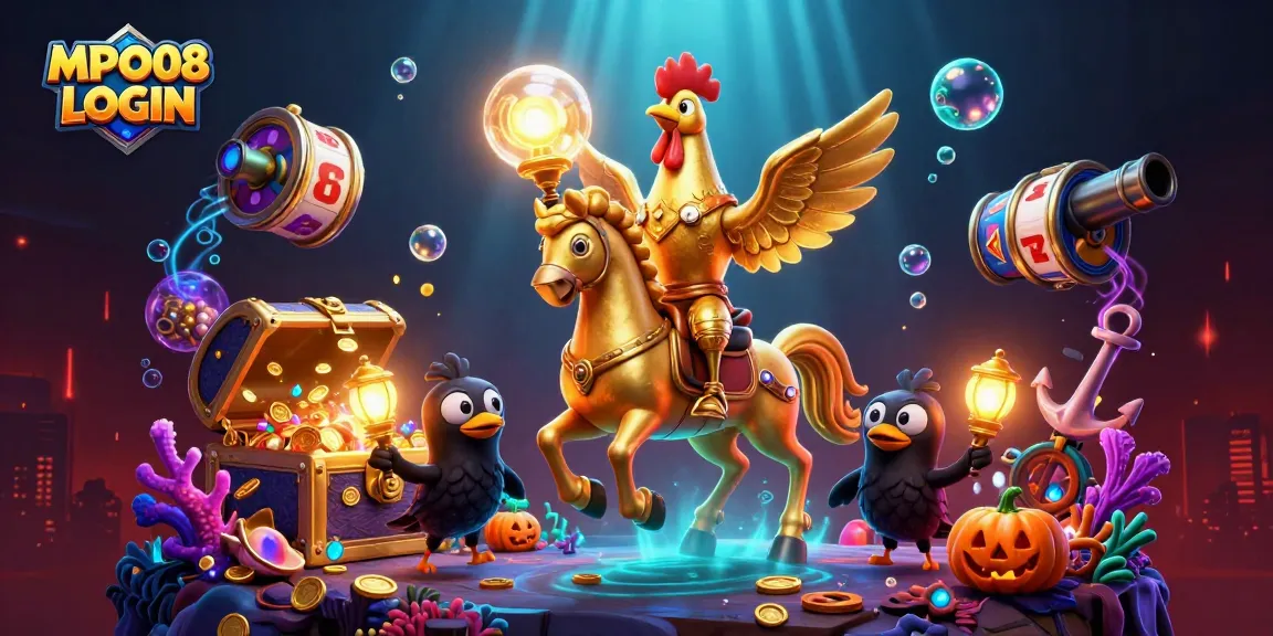 MPO08 LOGIN captures the excitement of gaming with a golden rooster and casino riches in vibrant detail.