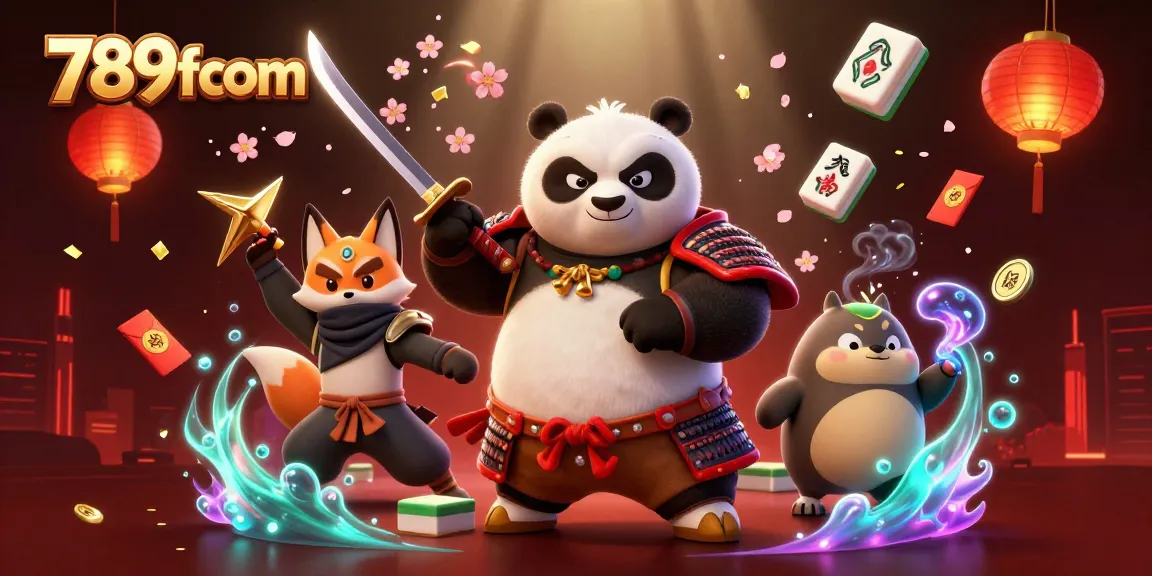 Play exciting games at 789fcom with samurai panda, ninja fox, and magical tanuki amidst vibrant casino elements.